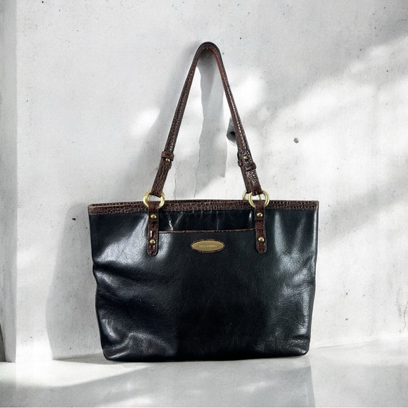 Brahmin Black Leather Tote Bag with Croc Embossed Trim - Picture 1 of 9